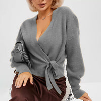 Damen Wickelstrickpullover mit V-Ausschnitt und Bindegürtel in Grau