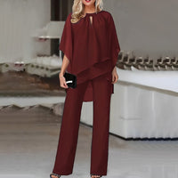 Mia | Damen Wide-Leg-Hose Zweiteiler Chiffon Lagenlook Hosenset in Weinrot