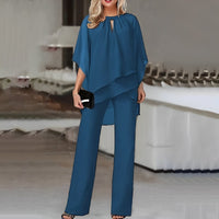 Mia | Damen Wide-Leg-Hose Zweiteiler Chiffon Lagenlook Hosenset in Saphirblau
