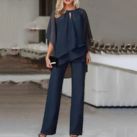 Mia | Damen Wide-Leg-Hose Zweiteiler Chiffon Lagenlook Hosenset in Marineblau