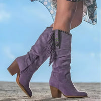 Frieda | Damen Wildleder Fransen Knee High Boots Western Cowboy Stiefel in Lila