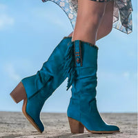 Frieda | Damen Wildleder Fransen Knee High Boots Western Cowboy Stiefel in Blau