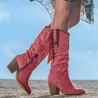 Frieda | Damen Wildleder Fransen Knee High Boots Western Cowboy Stiefel in Rot