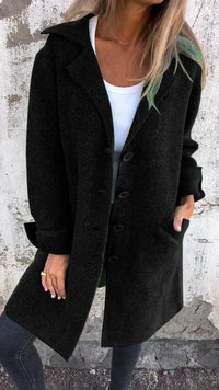 Nora | Damen Women Coat Lässiger Langer Mantel mit Revers und Knöpfen in Schwarz