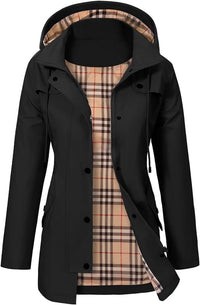 Elisabeth | Damen Women Coat Wasserdichter Kapuzen-Regenmantel Kariertes Fleecefutter in Schwarz