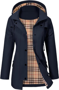 Elisabeth | Damen Women Coat Wasserdichter Kapuzen-Regenmantel Kariertes Fleecefutter in Blau