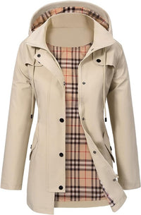 Elisabeth | Damen Women Coat Wasserdichter Kapuzen-Regenmantel Kariertes Fleecefutter in Beige