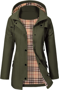 Elisabeth | Damen Women Coat Wasserdichter Kapuzen-Regenmantel Kariertes Fleecefutter in Grün