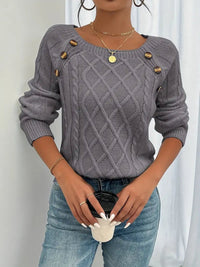 Leonie | Damen Zopfmuster Knit Sweater Rundhals Raglanärmel mit Knöpfen in Dunkelgrau