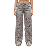 Damenjeans mit weitem Bein und Spitzenbesatz in Grau