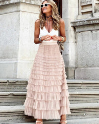 Damenrock mit hoher Taille im Boho-Stil | Maxi in Rosa
