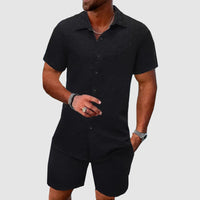 Darian | Herren Kurzarm Hemd Shorts Set Strukturiert in Schwarz