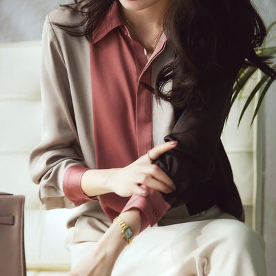 Brusko® | Elegante Herbst-Patchwork-Bluse aus gestreiftem Satin für Damen