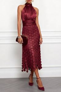 Céline | Damen Halter Midi Kleid in Weinrot