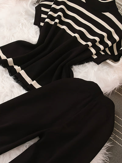 Lässiger Retro-Hosenanzug mit gestreiftem Muster, Stehkragen und Outfit-Set für Damen | Ideal für das tägliche Tragen