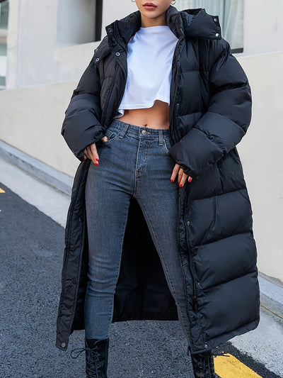 Warmer Casual Langer Schwarzer Winter Puffer Mantel mit Kapuze für Damen | Ideal für den Winter