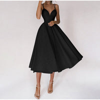Véronique | Damen Midi Abendkleid V-Ausschnitt Elegant Linienführung Festlich in Schwarz