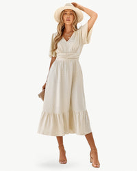 Renée | Damen Knielanges Kleid V-Ausschnitt Kurzarm Elegant Casual in Cremeweiß