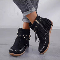 Dorothea | Damen Fransen Stiefeletten mit Schnallen in Schwarz