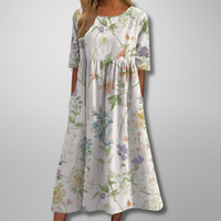 Dorothea | Midikleid mit Aquarell-Blumendruck in Weiß