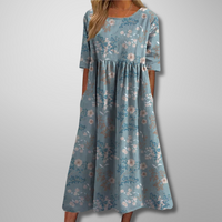 Dorothea | Midikleid mit Aquarell-Blumendruck in Hellblau