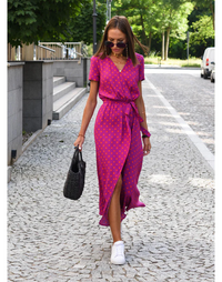 Lange Wickelkleid für Frauen | Tailliertes Design | Punkte-Muster in Rosa