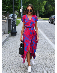 Lange Wickelkleid für Frauen | Tailliertes Design | Punkte-Muster in Rot Blau