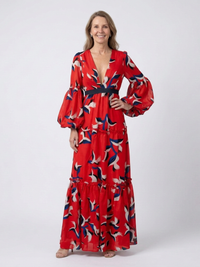 Isolde | V-Ausschnitt Bindegürtel Langarm Maxikleid in Rot