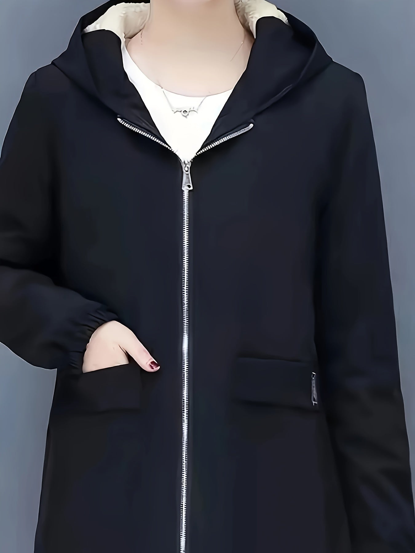 Casual Reissverschluss Hoodie Puffy Marineblaue Winterjacke für Damen | Ideal für den Winter