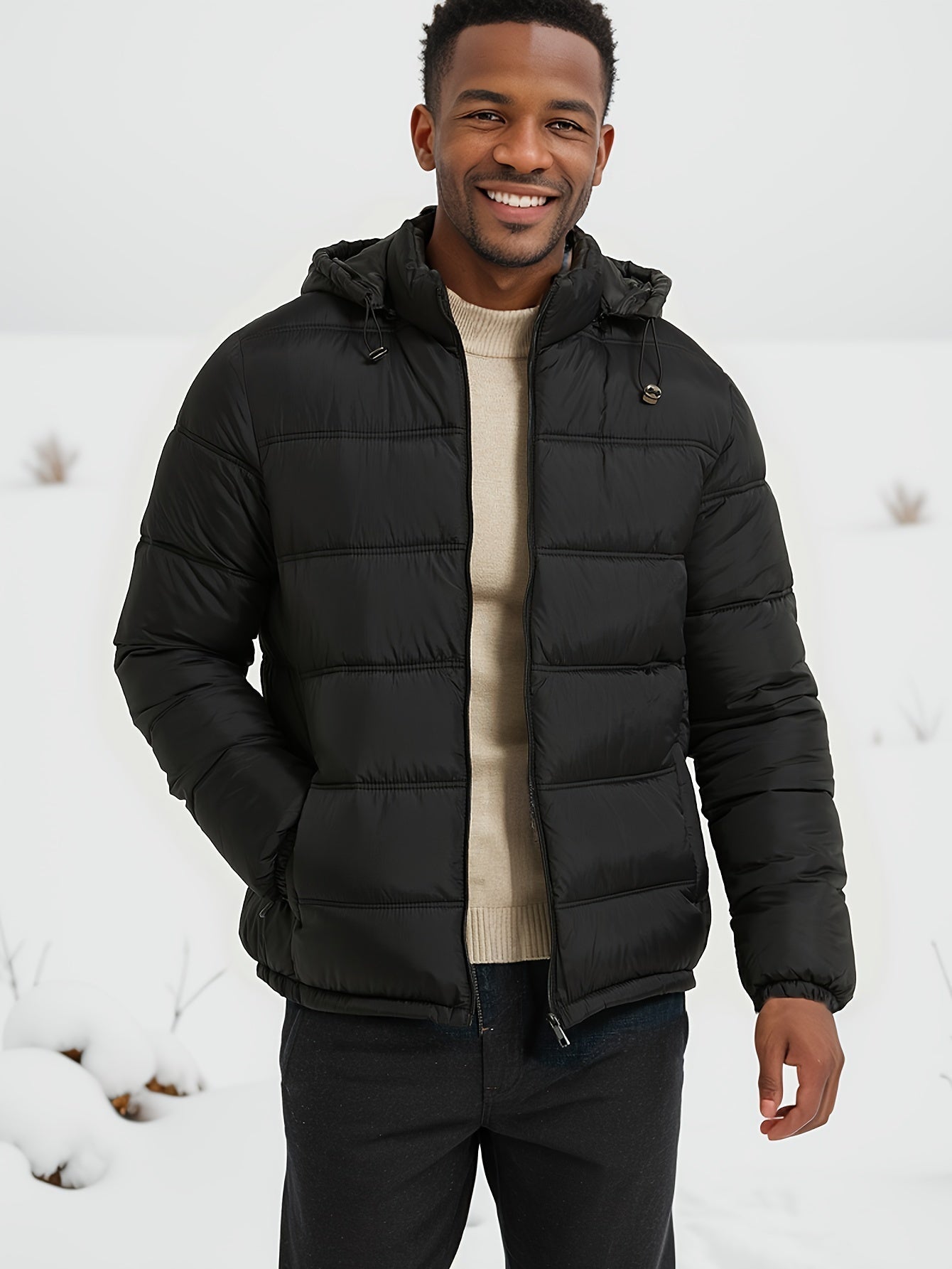 Lässige Schlichte Einfarbige Pufferjacke mit Kapuze und Reissverschluss für Herren | Ideal für den Winter