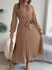 Damen Langarm Falten Kleid mit Gürtel in Khaki
