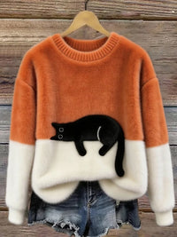 Damen Oversized Pullover mit Farbblockdesign und Katzenmotiv in Orange