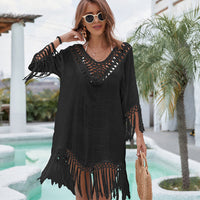 Patricia – Einfarbige Gewebte Hohl-Sonnenschutz-Bikini V-Ausschnitt Bluse in Schwarz