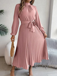 Damen Langarm Falten Kleid mit Gürtel in Rosa
