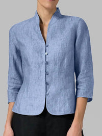 Editha | Damen Stehkragenbluse 3/4-Arm Slim Fit in Blau