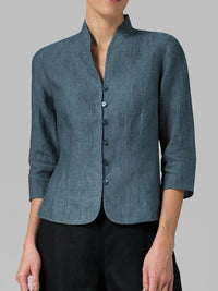 Editha | Damen Stehkragenbluse 3/4-Arm Slim Fit in Dunkel Blau