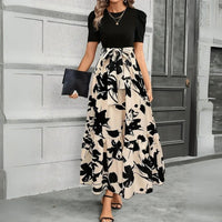 Aria | Damen Maxi-Kleid Puffärmel Blumendruck Bindegürtel in Blumig Beige-Schwarz