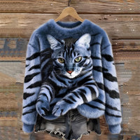 Jules – Weiches Plüsch Sweatshirt Mit Tabby Katzen Und Tiger Muster in Blau