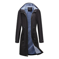 Damen wasserdichter Regenmantel mit Kapuze und verstellbarem Kordelzug in Schwarz