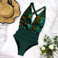 Damen Einteiler Sexy Faltiger Sommer Strandanzug aus Synthetik in Tropisches Grün