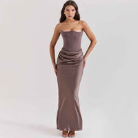 Victoire | Damen Korsett Maxikleid Elegant Figurbetont Festlich Abend in Braun