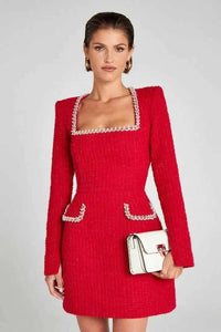 Elodie | Damen Langarm Minikleid Tweed Perlen Elegant Chic Klassisch in Rot