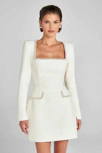 Elodie | Damen Langarm Minikleid Tweed Perlen Elegant Chic Klassisch in Weiss