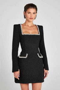 Elodie | Damen Langarm Minikleid Tweed Perlen Elegant Chic Klassisch in Schwarz