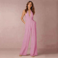 Élodie | Damen Halterneck Jumpsuit Rückenfrei Faltenwurf Weitbein Elegant in Rosa