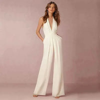 Élodie | Damen Halterneck Jumpsuit Rückenfrei Faltenwurf Weitbein Elegant in Weiß