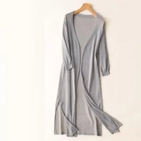 Elsbeth | Damen Langer Cardigan Offen Maxi Strickjacke in Grau