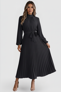 Emilia | Damen Plissee Midikleid Langarm in Schwarz