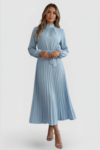 Emilia | Damen Plissee Midikleid Langarm in Hellblau