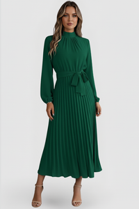 Emilia | Damen Plissee Midikleid Langarm in Grün